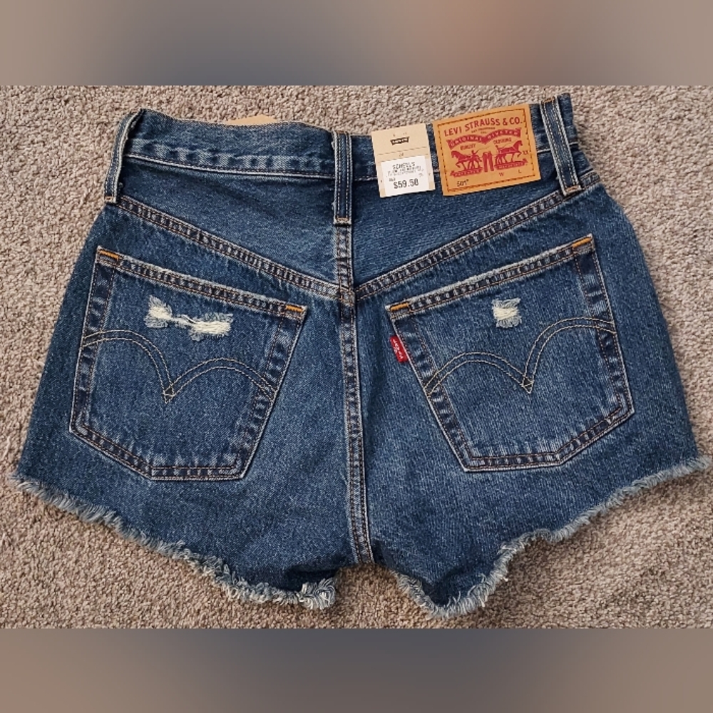 Levi's 501 Distressed Denim Shorts Womens W24 Ripped Frayed Hem Blue Jean Jorts - Picture 7 of 16